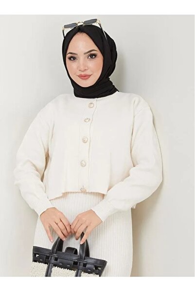 Miraydın Butik Ecru Hijab - Button Detailed Plain Skirt and Knitwear Cardigan