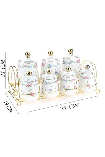 By Hanedan Floral Patterned Spice Set with Metal Stand - Porcelain
