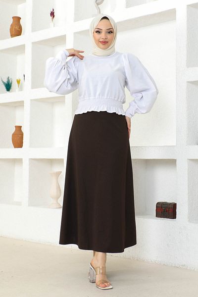 İmajButik Brown Long Scuba Flared Skirt