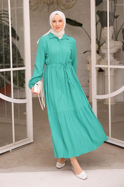 İmajButik Green Shirt Collar Gathered Sleeve Elastic Dress