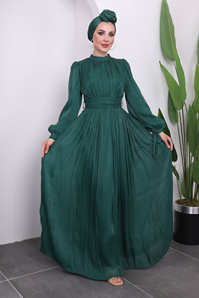 İmajButik Rochie de seara din tul plisat verde smarald - cu maneci legate