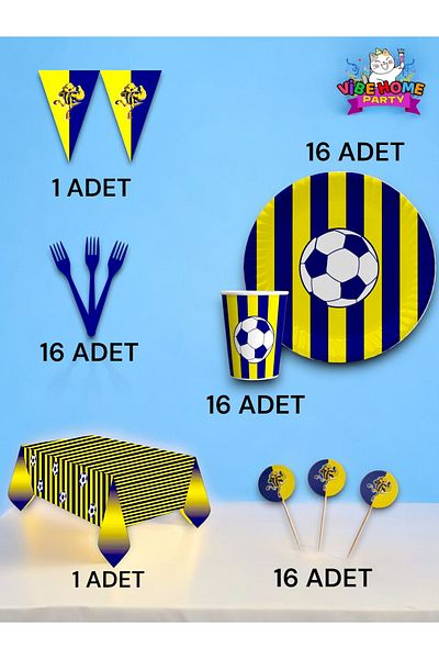 VibeHome Yellow Navy Blue Fan Premium Set for 16 - Birthday Party and Fun Events