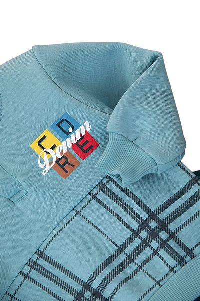 Ege Bebek Baby Boy Checkered Print Collar Detail Winter 3-Piece Fleece-Backed Outfit