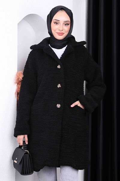 İmajButik Μαύρο βελούδινο παλτό Angora με κουμπιά