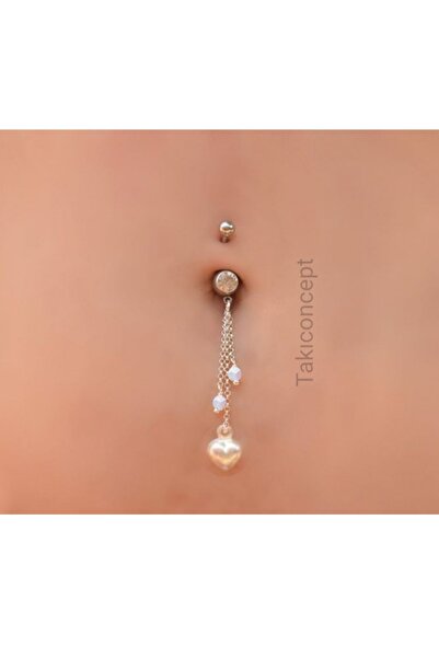 TakıConcept Kristal ve İnci Kalp Sallantılı Taşsız Göbek Piercing Çelik Göbek...