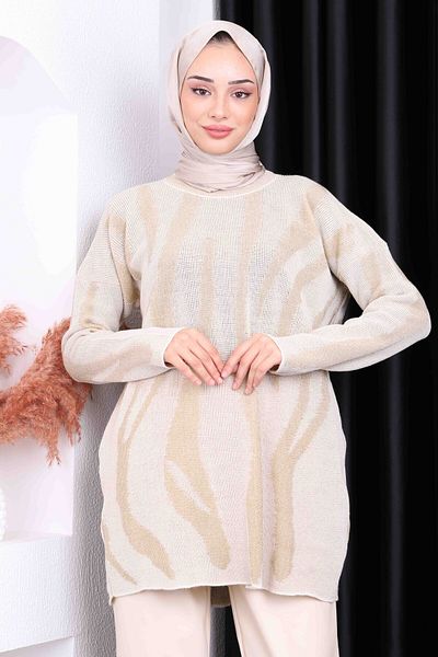 İmajButik Μπεζ μοτίβο γκλίτερ πλεκτό χιτώνα