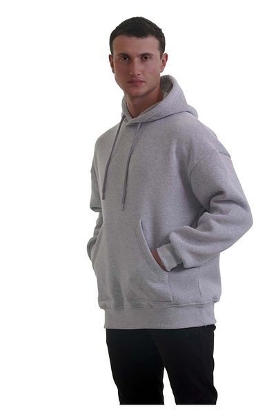 Exve Exclusive Γκρι Melange Basic Oversize Φούτερ με κουκούλα με κουκούλα με 3 νήματα με απαλή αφή και φλις εσωτερικά
