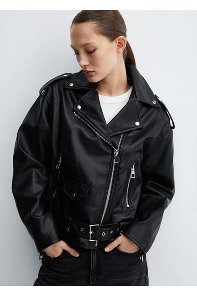 MANGO Woman Leather Look Biker Jacket
