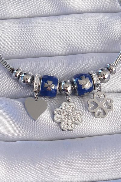 Clariss 316L Steel Silver Color Zircon Stone Clover Design Heart Detail Enamel Charm Bracelet