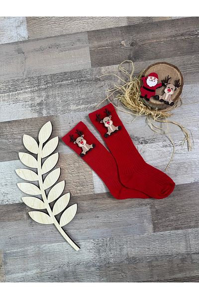 Feriatolye 1-2 Years Red Unisex Deer Knee Socks
