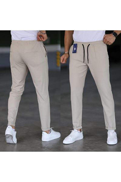 Mero Life Ανδρικό παντελόνι Jogger Cream Slim Fit Relaxed Cut με δεμένη μέση και πλαϊνές τσέπες Lycra