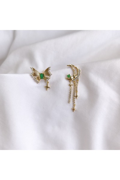 tezz Xuping Zirkon Yeşil Taşlı Kelebek Sallantılı Ay Parıltılı Altın Küpe