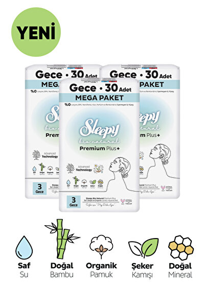 Sleepy Natural Premium Plus Hijyenik Ped Mega Paket 90'lı 3 Numara Gece 30x3
