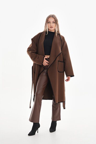 GigiTex Кафяво кашмирено палто, овърсайз, стандартен размер 36-46, под коляното, джобове, колан, свободна кройка