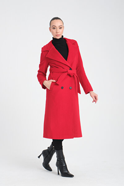 Soydan Güner Kruvaze Kuşaklı Yün Kaban Kırmızı 1340