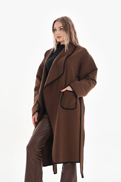 GigiTex Кафяво кашмирено палто, овърсайз, стандартен размер 36-46, под коляното, джобове, колан, свободна кройка