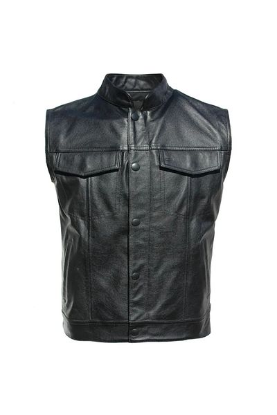 NYC GİYİM TEKSTİL Genuine leather biker style vest black color pockets zipper