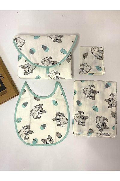 Myquala Cat Patterned Muslin Blanket Baby Diaper Set, Muslin Bib, Mouth Wipe, Newborn