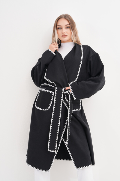 GigiTex Черно вълнено палто, овърсайз, стандартен размер 36-46, под коляното, джобове, колан, свободна кройка