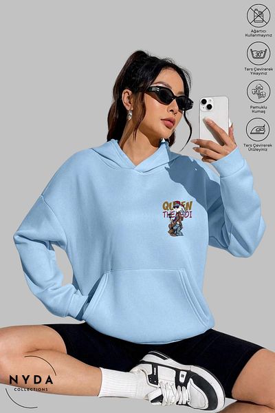 Nyda Collections Hanorac supradimensionat din bumbac cu glugă unisex cu imprimeu Bugs Bunny - mânecă lungă și chitară