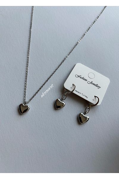 aksesuaris Set of 2 Heart Silver Color Steel Chain Necklace and Earrings