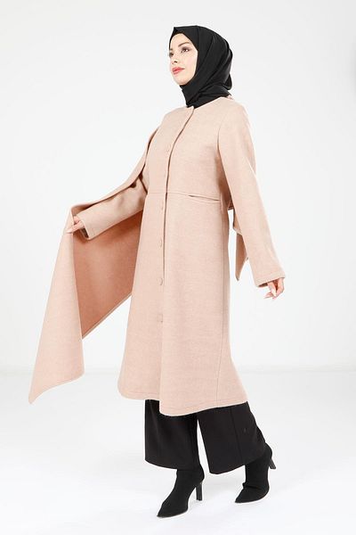 Beyza Παλτό Camel Color με τσέπες και σάλι με κουμπί - 9063