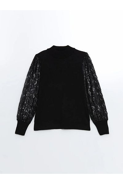 LC Waikiki Lcwaikiki Classic Black Half Turtleneck Lace Detailed Women's Knitwear Sweater