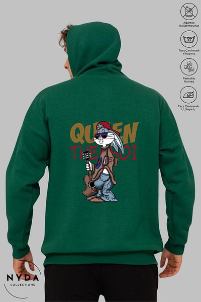 Nyda Collections Bugs Bunny Printed Unisex Hooded Oversize βαμβακερή κουκούλα - μακρυμάνικο και με κιθάρα