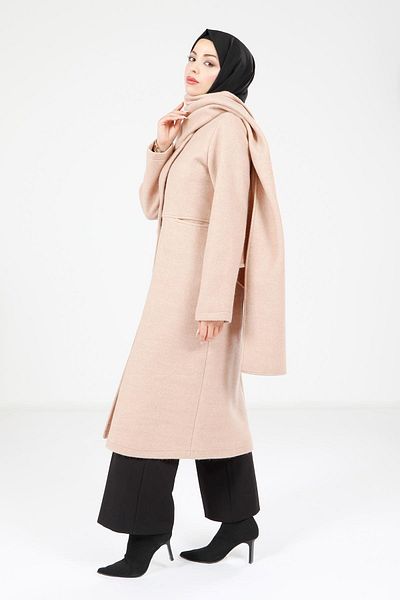 Beyza Παλτό Camel Color με τσέπες και σάλι με κουμπί - 9063