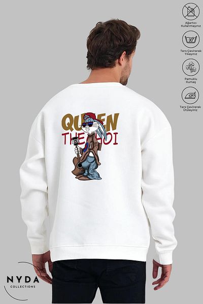 Nyda Collections Unisex μακρυμάνικη κιθάρα Bugs Bunny με στάμπα με λαιμόκοψη χωρίς κουκούλα Raster Oversize φούτερ