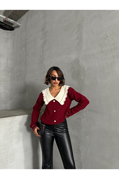 BEJNA Γυναικεία πλεκτή μπλούζα με γιακά μπορντό