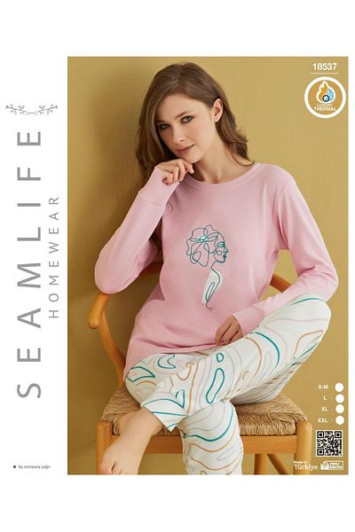 HS İÇ GİYİM Women's Cotton Thermal Pink Long Sleeve Pajama Set – Warm and Comfortable