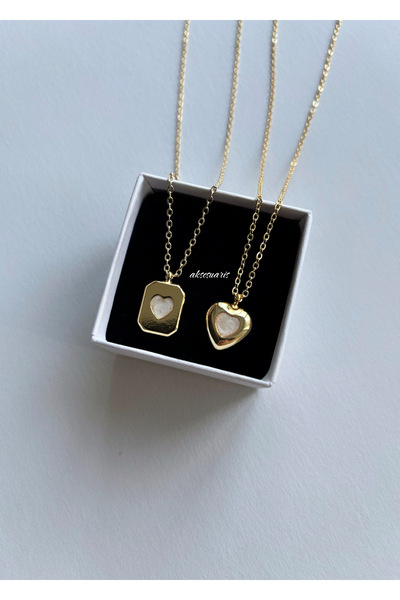 aksesuaris 2'li Gold Kalp Kadın Kolye Set