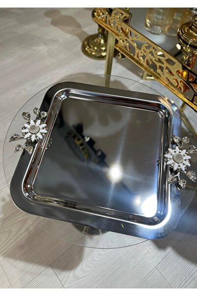 hediye ESTERHOMEDECOR 6’lı papatyalı gümüş metal kare sunum tepsisi