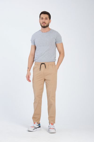 VIKUNYA Jogger pentru bărbați bej - croială confortabilă, 98% bumbac, talie elastică, pantaloni din țesătură lux