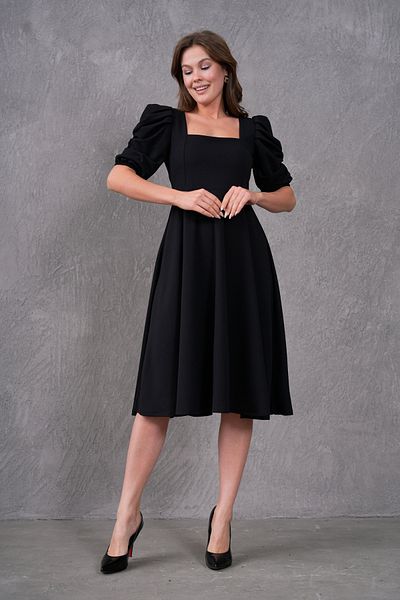 WOMAN VISION Rochie neagră, cu mâneci scurte, lungime midi, cu gât pătrat, țesătură creponată de design pentru femei 080