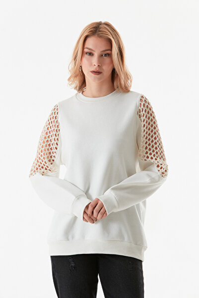 Fulla Moda 3 Yarn Sleeves Mesh Detail Crew Neck Sweatshirt
