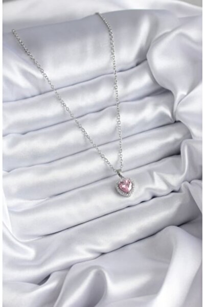 İtal 316L Steel Chain Silver Color Pink Zircon Stone Heart Necklace