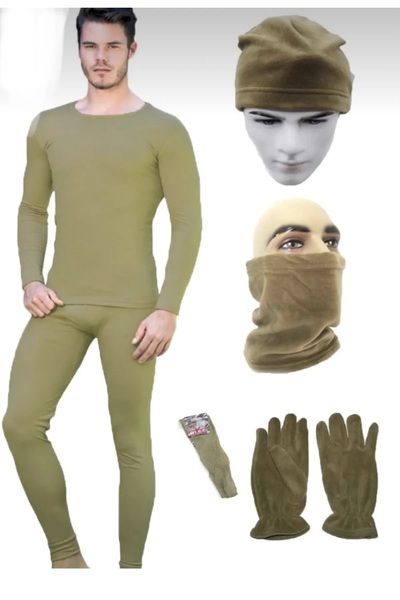 Alıç Erkek Kışlık Haki Renk Termal Fanila, Tayt, Bere, Boyunluk, Eldiven, Çorap Takımı- 6'lı Parça Askeri