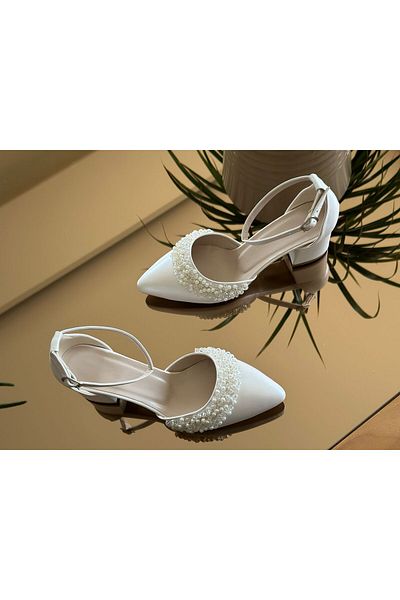 İlkinin Pabuçları Bridal Shoes, 5cm Thick Heel with Pearl and Bead Decoration Ecru Mother of Pearl Off White Wedding Shoes
