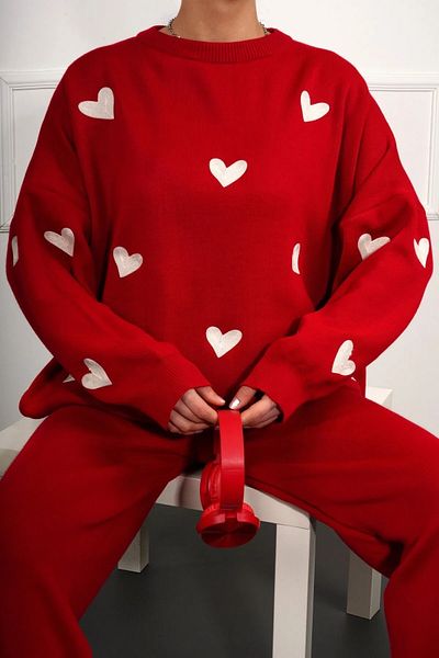 trendalisse Women's Red Heart Embroidery Detail Knitwear Pullover Trousers Double Set