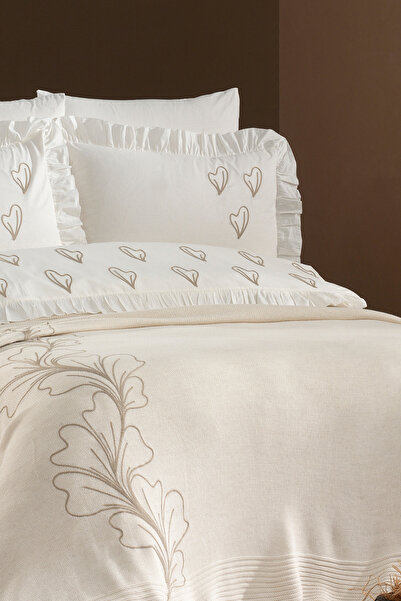 Minelya Home Collection Knitwear Art 7 Pieces - Double Cotton Duvet Cover Set with Blanket, Streamline Embroidery and Ruffles