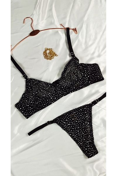 Masal Lingerie Sutien de damă, fără cupe, cu sârmă, cu buline argintii, din tul negru