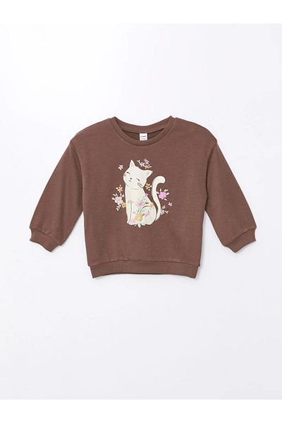 LC Waikiki LCW Kids Кафяви суитшърти с кръгло деколте, щамповани за момичета, комплект от 2