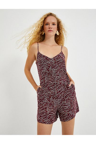 Koton Jumpsuit with Shorts Zebra Patterned V-Neck
