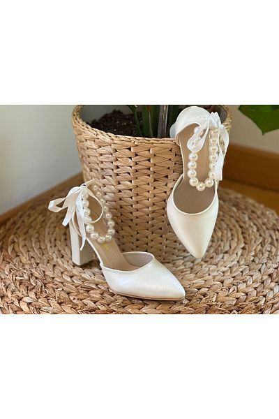 İlkinin Pabuçları Pearl Ankle Detailed Wedding Shoes, Mother of Pearl Ecru Shoes, 9cm Thick Heels Comfortable Bridal Shoes