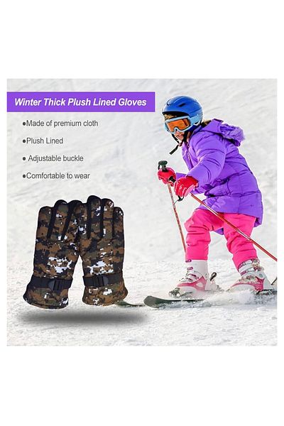 BGA Kids Winter Gloves Ski Mittens Warm Plush Lined Adjustable Unisex Waterproof Gloves