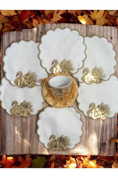 Altın Çeyiz Tekstil Set of 6 Yellow Presentation Napkins - Coffee Side Swan Sequin