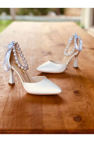 İlkinin Pabuçları Pearl Ankle Detailed Wedding Shoes, White Shoes, Comfortable Bridal Shoes with 9cm Goblet Heels