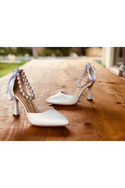 İlkinin Pabuçları Pearl Ankle Detailed Wedding Shoes, White Shoes, Comfortable Bridal Shoes with 9cm Goblet Heels